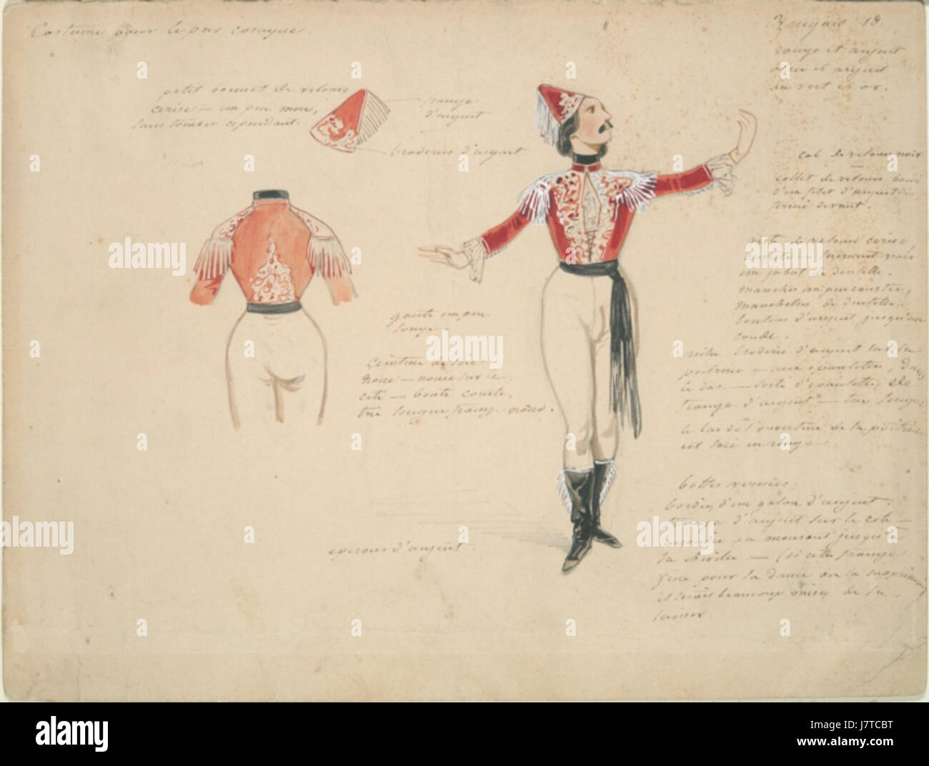 Une étude de costumes de Paul Gavarni illustrant la tenue traditionnelle d'un gitan masculin, mettant en valeur le design détaillé et les influences culturelles de l'époque. Banque D'Images