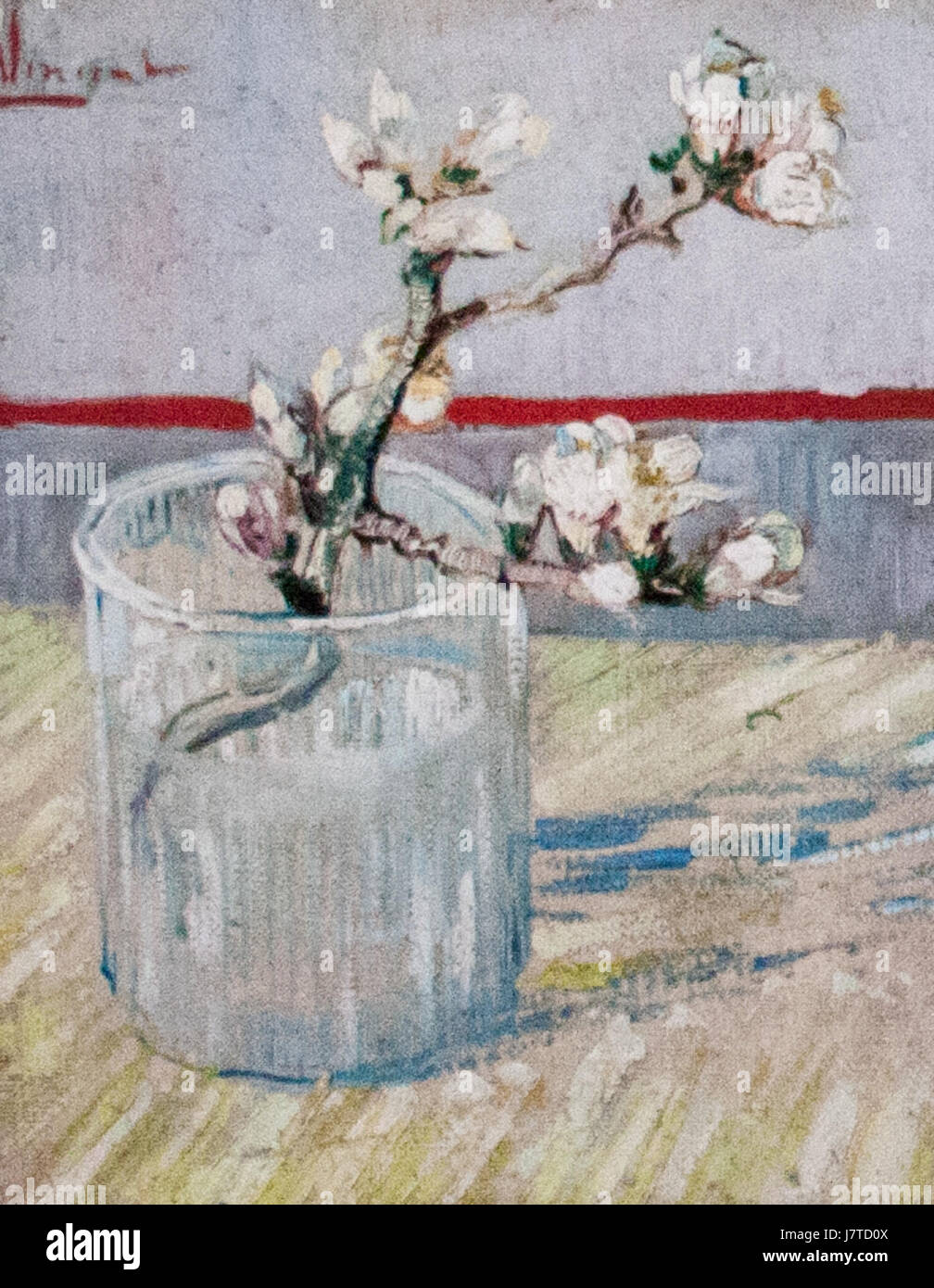 Cela fait probablement référence à une œuvre d'art ou à une peinture mettant en vedette une branche d'amande en fleurs dans un verre, symbolisant le printemps ou le renouveau. L’aspect rêvé peut se référer à une interprétation personnelle ou symbolique. Banque D'Images