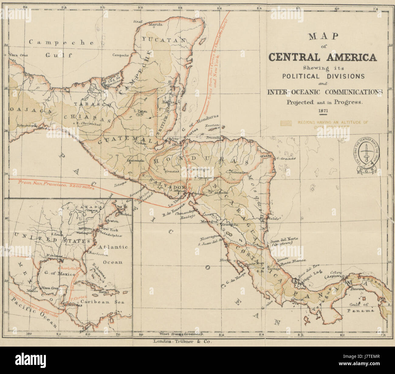 Cette carte de 1871 de l’Amérique centrale donne un aperçu historique des divisions politiques de la région au cours de cette période. Il illustre les frontières géographiques et le paysage politique des pays d’Amérique centrale à l’époque, offrant un aperçu précieux du développement et de l’histoire politique de la région. Banque D'Images