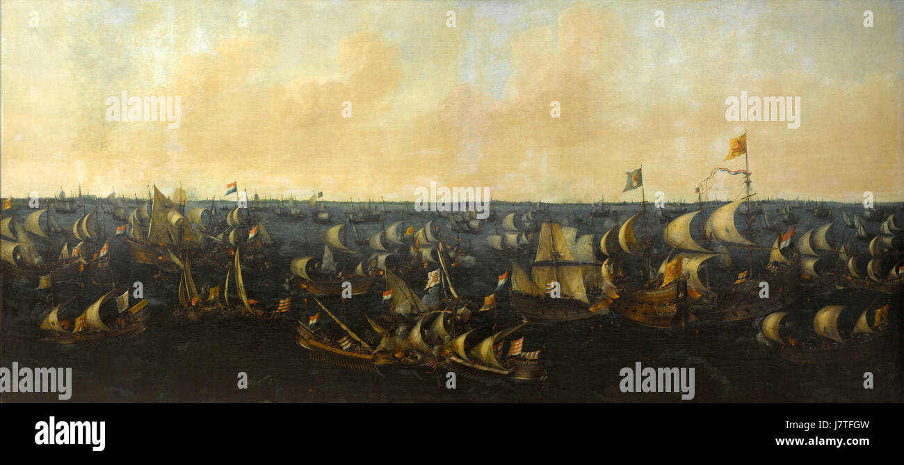 Cette image représente la bataille de la Zuiderzee le 6 octobre 1573, un conflit naval important pendant la guerre de quatre-vingts ans, présenté au Rijksmuseum d'Amsterdam. Banque D'Images