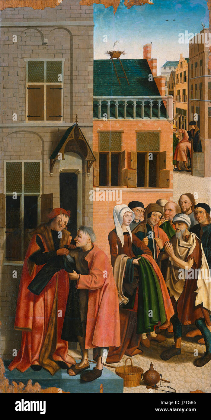 *De zeven werken van barmhartigheid* (les sept œuvres de la miséricorde) est une peinture conservée au Rijksmuseum, mettant en valeur des actes de miséricorde tels que nourrir les affamés et prendre soin des malades. Cette pièce reflète les valeurs chrétiennes et sert d’œuvre religieuse et culturelle importante. Banque D'Images