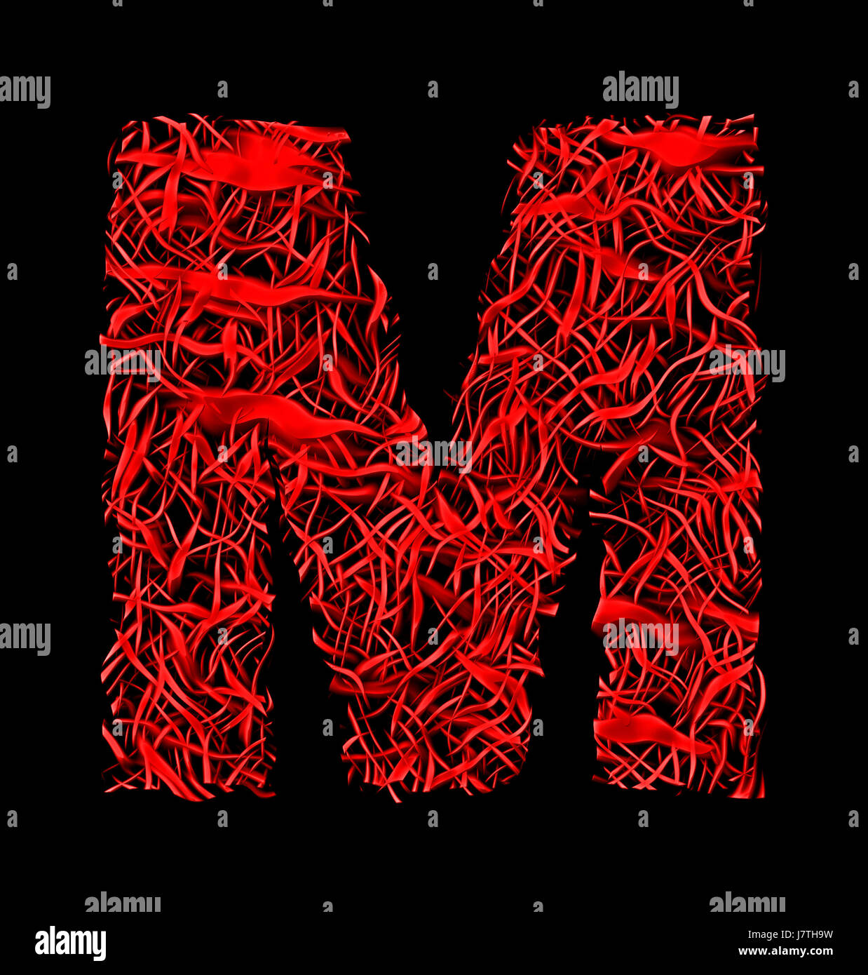 Lettre M rouge style treillis de fibre artistique isolé sur fond noir Banque D'Images