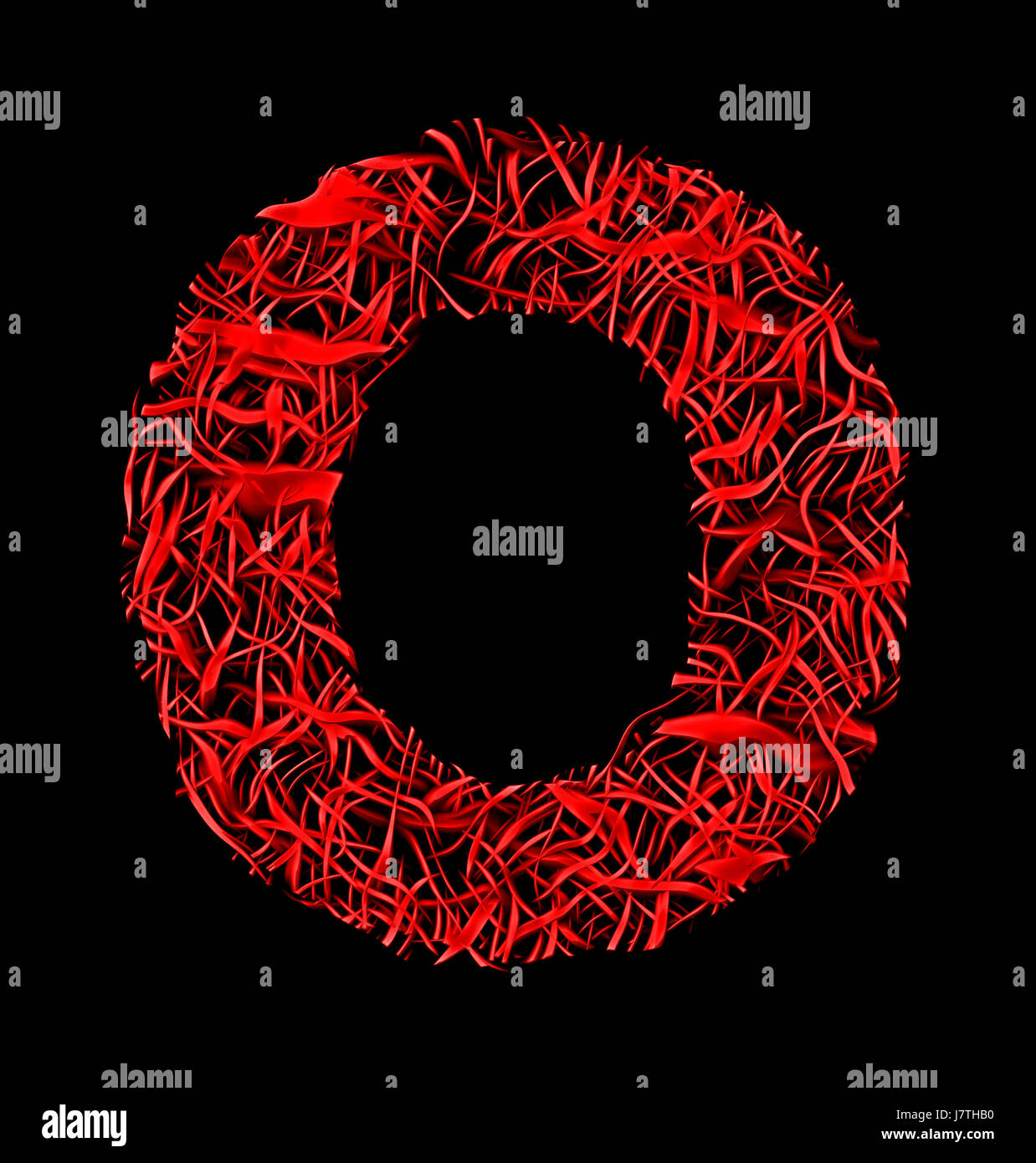 Lettre O style treillis de fibre artistique rouge isolé sur fond noir Banque D'Images