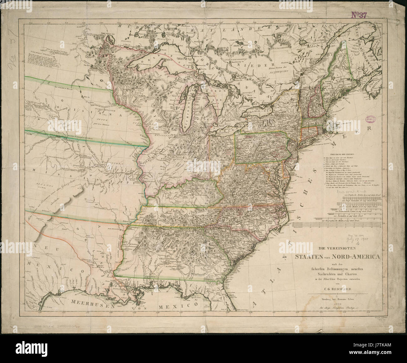 Cette carte de Reichard de 1809 détaille les États-Unis et leurs territoires. Il fournit une perspective historique importante sur la géographie, les frontières et l'expansion des débuts de l'Amérique. Banque D'Images