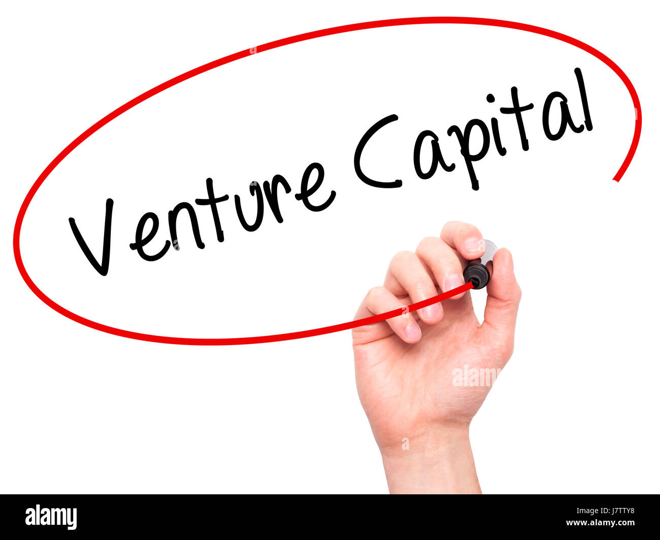 L'homme part du capital de l'écriture avec marqueur noir sur l'écran visuel. Isolé sur blanc. Le commerce, la technologie, internet concept. Stock Photo Banque D'Images