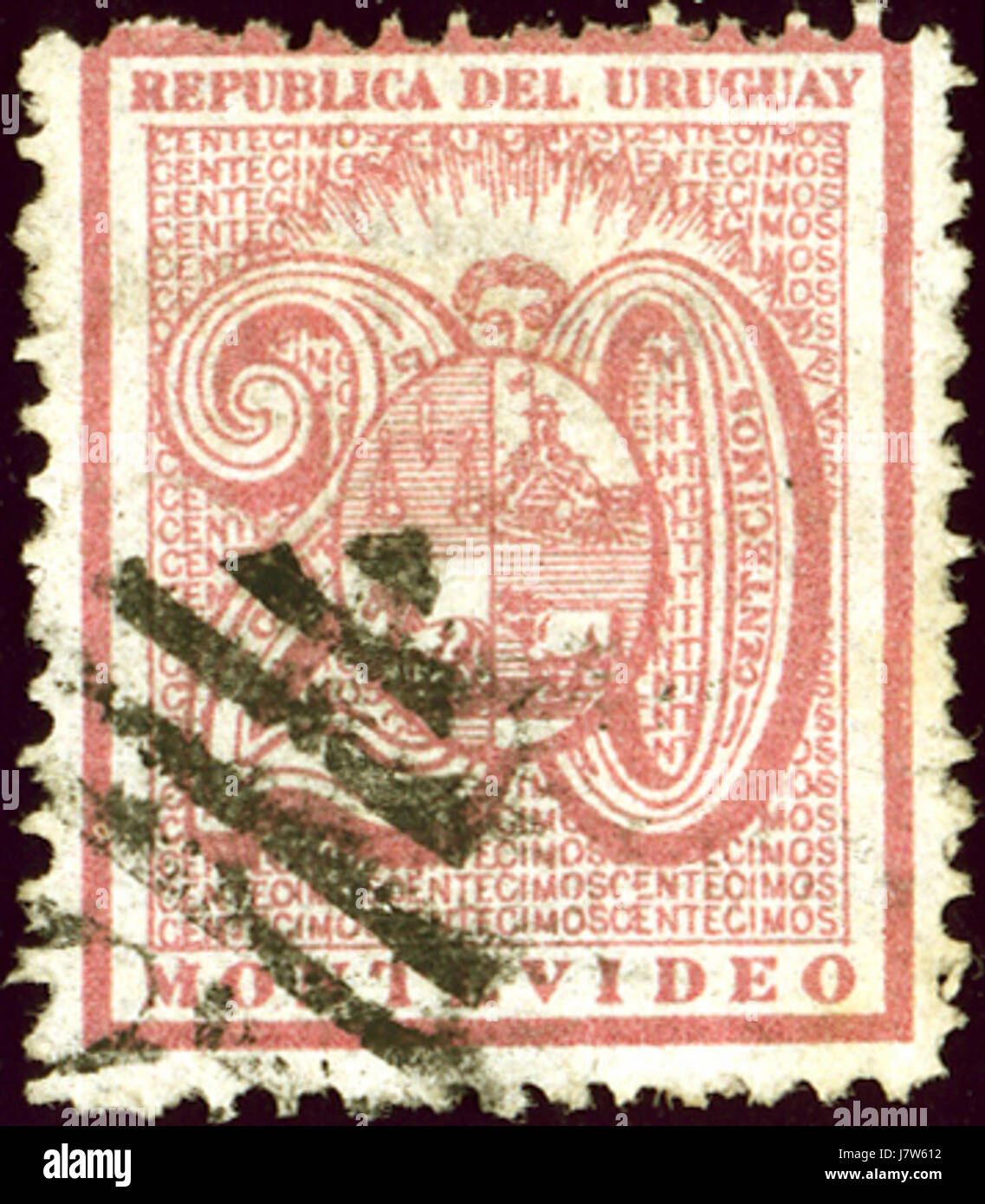 Ce timbre, émis en 1866, représente la dénomination de 20 centavo de l'Uruguay, qui fait partie de l'histoire postale et de la collection de timbres du pays. Banque D'Images