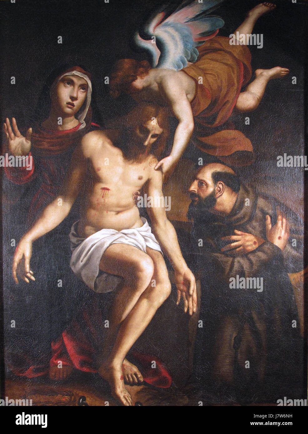 Cette peinture anonyme du XVIIe siècle représente la déposition du Christ, un moment charnière dans l'art religieux chrétien, capturant la tristesse et la vénération de la scène. Banque D'Images