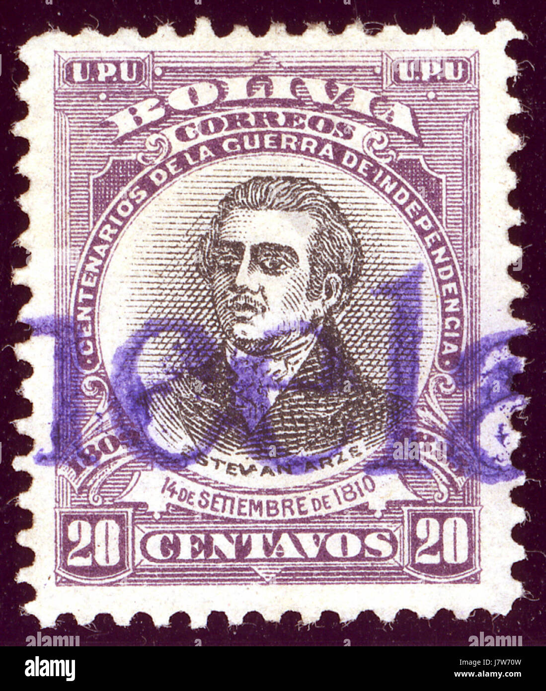 Il s'agit d'un timbre bolivien de 1909, plus précisément de la dénomination 20-cenavo, oblitéré avec un TAD spécifique (Mi81). Les collectionneurs de timbres peuvent être intéressés par cet article pour sa rareté et son importance historique dans le contexte de la philatélie bolivienne du début du XXe siècle. Banque D'Images