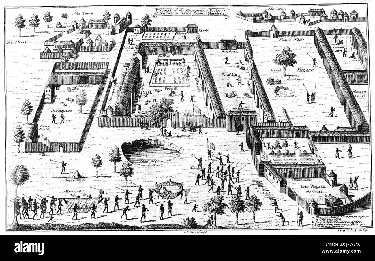 Cette gravure de 1746 représente un complexe esclavagiste sur le golfe de Guinée, illustrant un sombre chapitre de l'histoire. L'image fait partie de l'œuvre de Nathaniel Parr 'Astley voyages' documentant la traite transatlantique des esclaves. Banque D'Images