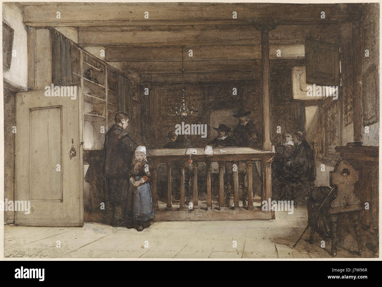 La peinture représente un jour payé dans la chambre du navire du Rechthuis à Nieuw Loosdrecht, meublé de figures du XVIIe siècle, mettant en valeur le design intérieur hollandais historique. Banque D'Images
