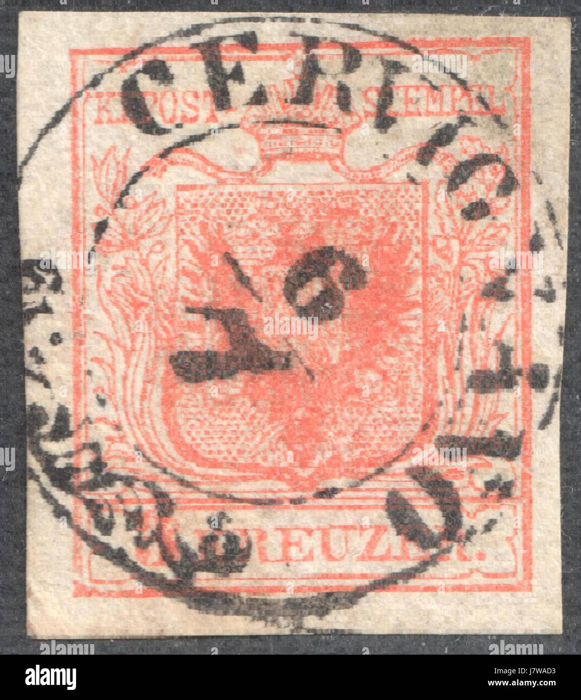 Le « Austria 1850 3Kr Ib laid paper CERVIGNANO » fait référence à un envoi postal spécifique en provenance d'Autriche, émis en 1850, avec la valeur de 3 Krones imprimée sur du papier laid. Ce timbre est remarquable en philatélie pour sa rareté et son importance historique aux débuts des services postaux autrichiens. Le terme « Cervignano » peut désigner son origine ou une ligne postale spécifique. Banque D'Images