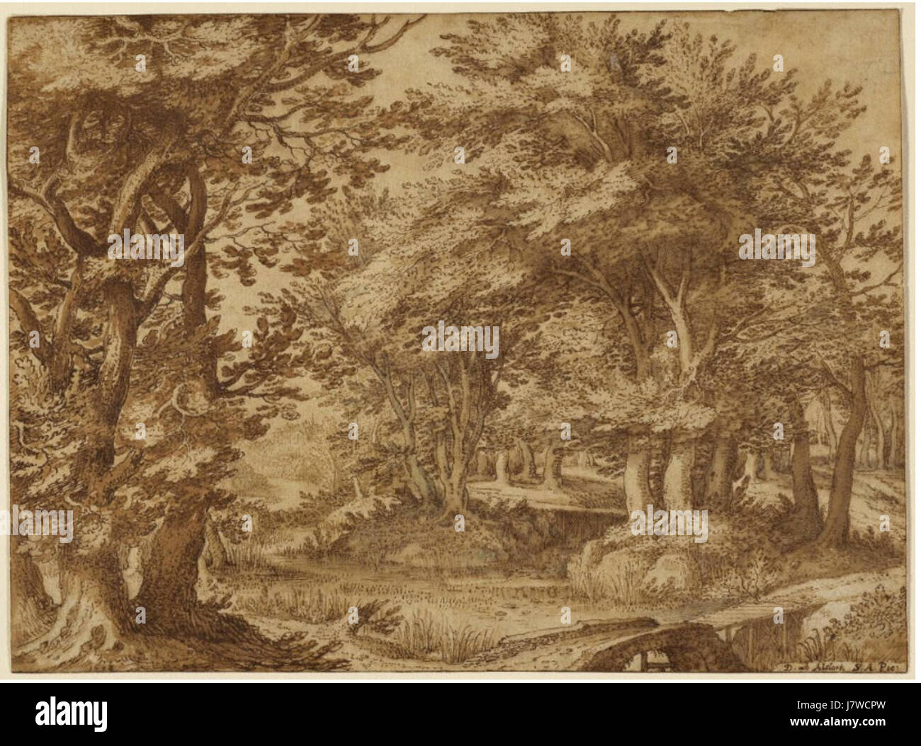 'Paysage forestier avec un château lointain' de Denis van Alsloot met en valeur la maîtrise de l'artiste en peinture de paysage. Cette œuvre présente une scène forestière sereine avec un château au loin, mêlant beauté naturelle et éléments architecturaux. Banque D'Images