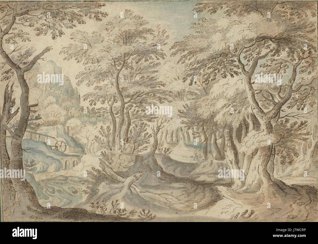 'Paysage forestier avec un moulin à vent' de Denis van Alsloot présente une scène rurale typique de l'art flamand du XVIIe siècle, mêlant paysages naturels et éléments architecturaux comme des moulins à vent. Banque D'Images