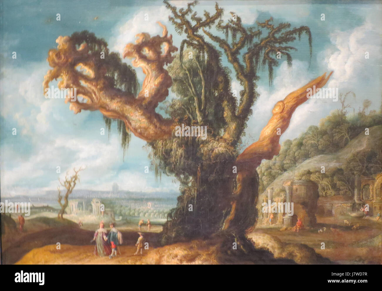 *Paysage avec un grand arbre* de Jacob van Geel est une peinture de paysage conservée au Musée Pouchkine. Il met en valeur l'artistâ utilisation de la lumière, de la nature et d'un arbre solitaire comme point focal, typique du style paysager baroque. Banque D'Images