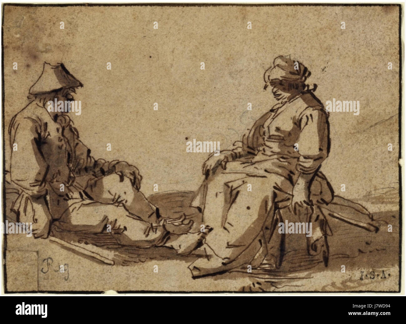 Cette peinture d'Andries représente tous deux un couple de paysans assis dans un cadre rustique, illustrant la simplicité de la vie rurale au XVIIe siècle. Les deux étaient connus pour ses scènes de genre et sa capacité à capturer des moments quotidiens avec chaleur et réalisme. Banque D'Images