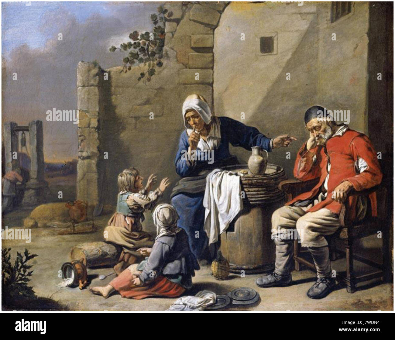 Cette peinture d’Abraham Willemsens représente une famille prenant un moment pour se reposer devant sa maison. La scène reflète les moments simples mais poignants de la vie quotidienne, peut-être dans un cadre rural ou suburbain, soulignant la tranquillité domestique et les liens familiaux. Banque D'Images