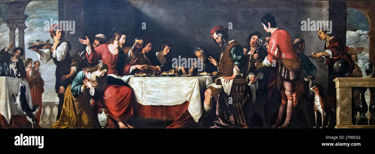 'Accademia Convito in casa di Simeone' est une peinture de Bernardo Strozzi, un artiste baroque italien. L'œuvre représente un rassemblement à la maison de Siméon, où les invités s'engagent dans une conversation, probablement inspirée par l'histoire biblique de Siméon et Jésus. L'œuvre illustre la maîtrise de Strozzi dans le portrait baroque et sa capacité à capturer les interactions sociales intimes. Banque D'Images