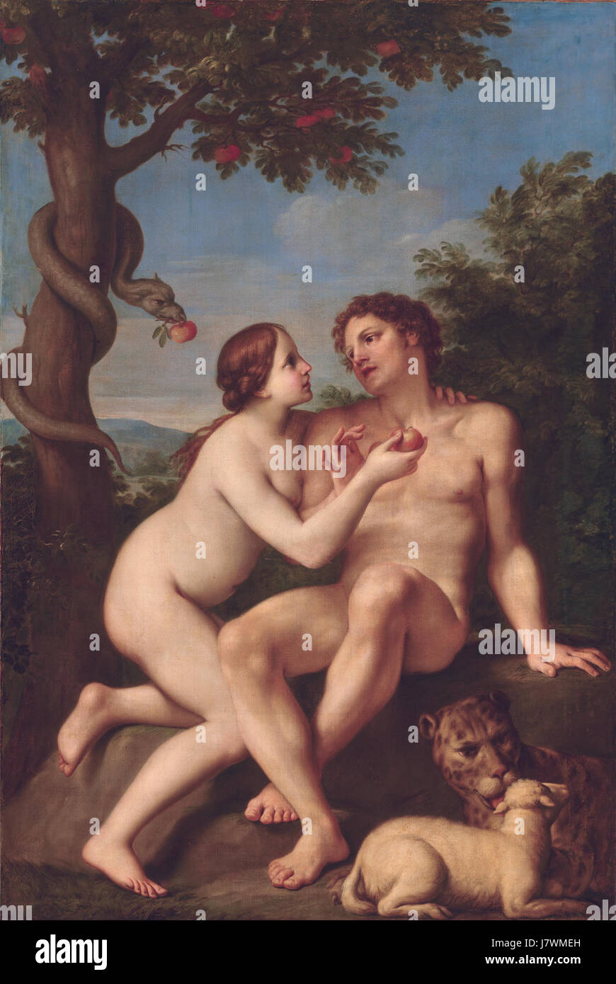 Cette œuvre, Adam et Ève, de Marcantonio Franceschini, dépeint l'histoire biblique des premiers humains de la théologie chrétienne. La peinture se concentre sur le moment de la tentation et de la chute, illustrant les émotions complexes et le symbolisme du récit. Banque D'Images