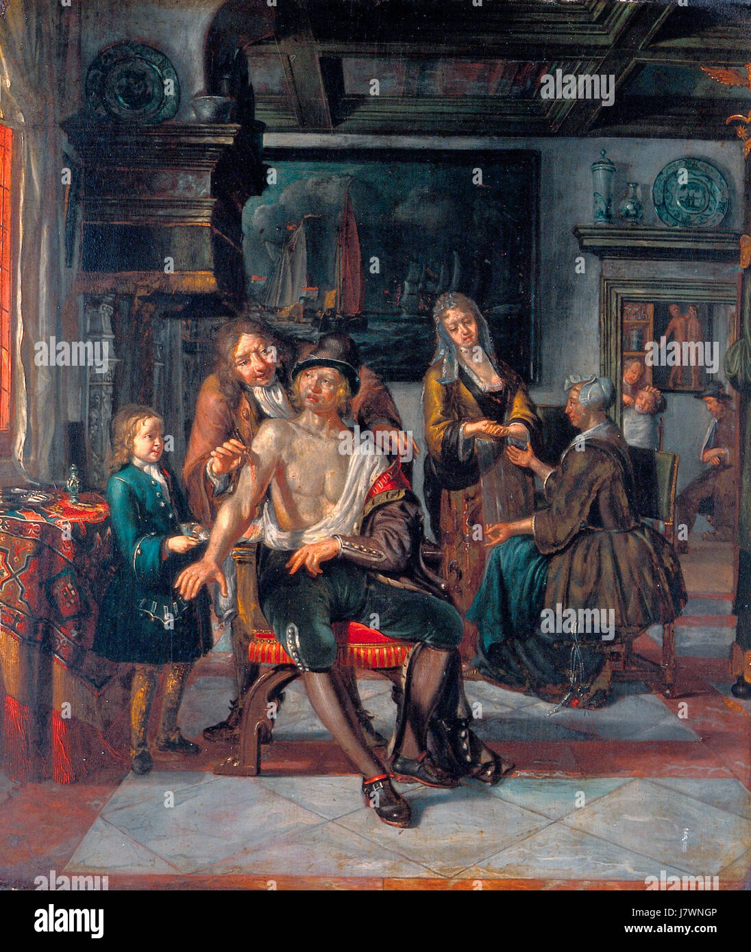 Cette œuvre, attribuée à Matthijs Naiveu, représente un chirurgien traitant une blessure au bras d'un homme. La peinture reflète les pratiques médicales du XVIIe siècle, offrant un aperçu des approches historiques des soins de santé et de la chirurgie. Banque D'Images
