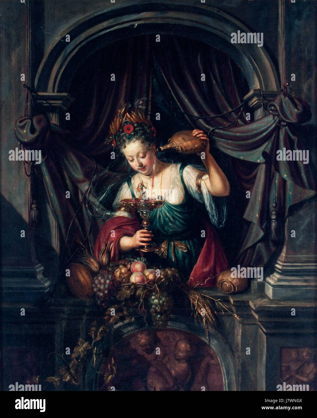 Cette peinture de Matthijs Naiveu représente une jeune femme servant du vin par une fenêtre, capturant un moment d’interaction sociale dans un cadre domestique ou public avec un accent sur la vie quotidienne. Banque D'Images