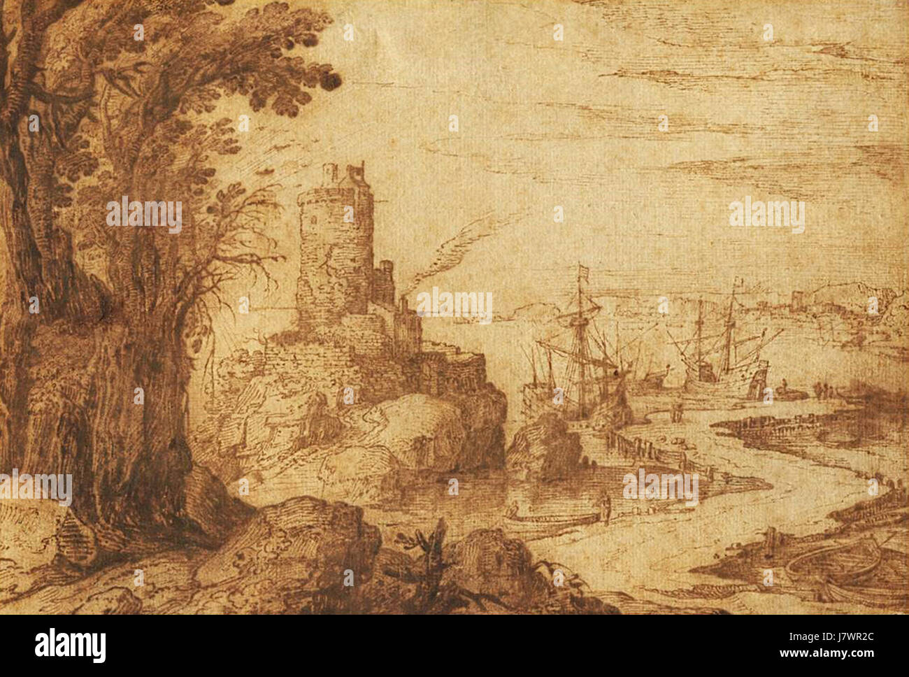 Cette peinture de Paul Bril, créée vers 1600, représente une scène portuaire avec une tour proéminente. Il reflète le style de peinture paysagère de Bril, capturant les éléments naturels et la vie maritime. Banque D'Images