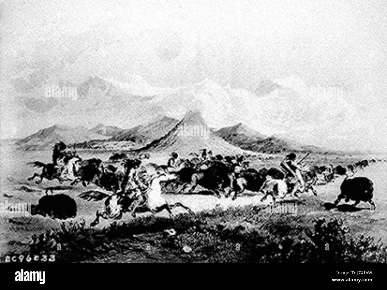 Les Indiens pieds-Noirs étaient des peuples indigènes d'Amérique du Nord, principalement situés dans les grandes Plaines. Ils étaient connus pour leur habileté à chasser le buffle, qui était au cœur de leur culture, de leur économie et de leur mode de vie. Banque D'Images