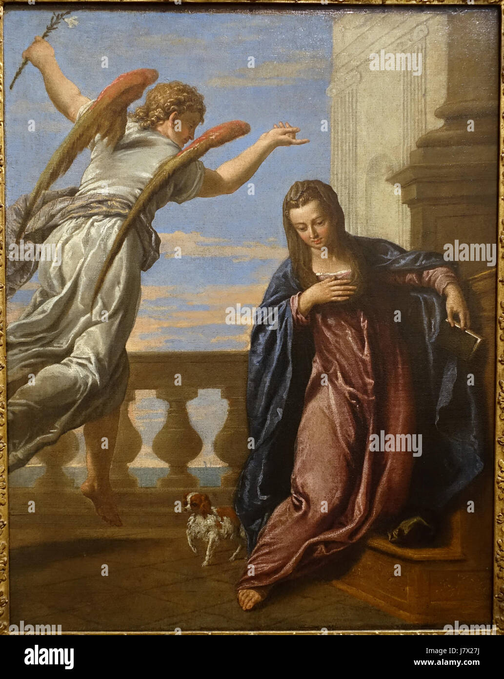 La peinture 'Annonciation', attribuée à l'atelier de Paolo Caliari (Véronèse), remonte au milieu des années 1580 Il s'agit d'une huile sur toile conservée au Blanton Museum of Art à Austin, Texas. Banque D'Images