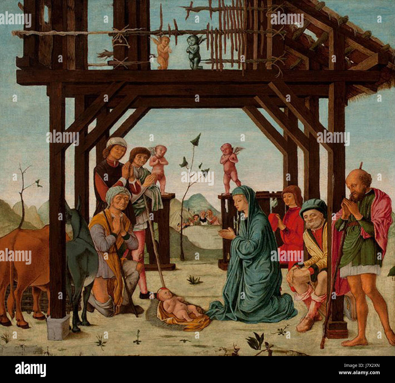 'L'Adoration des bergers' est une œuvre d'art de la fin du XVe siècle, créée par le cercle d'Ercole de' Roberti, représentant la scène de la nativité. Banque D'Images