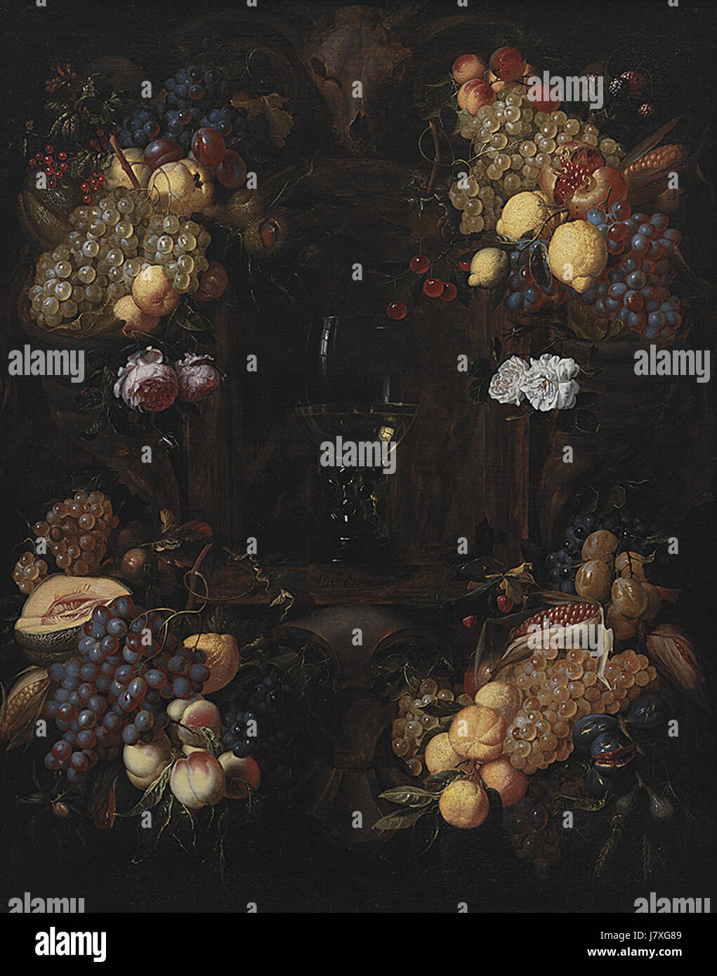 Alexander Coosemans a Cartouche avec des guirlandes de fruits et un verre de vin Banque D'Images