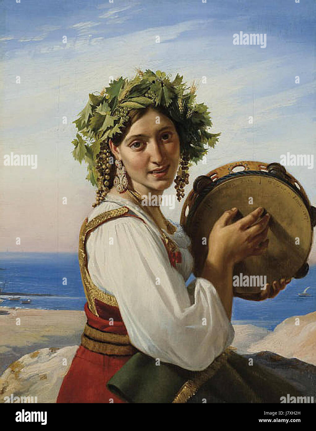 Cette image représente un tambourin peint par l'artiste Bonnefond, illustrant un instrument à percussion traditionnel couramment utilisé dans divers genres musicaux. Banque D'Images