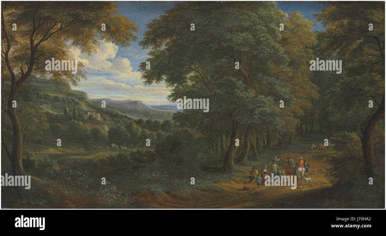 Adriaen Frans Boudewijns un paysage boisé avec message d'accueil cavaliers voyageurs sur un chemin Banque D'Images