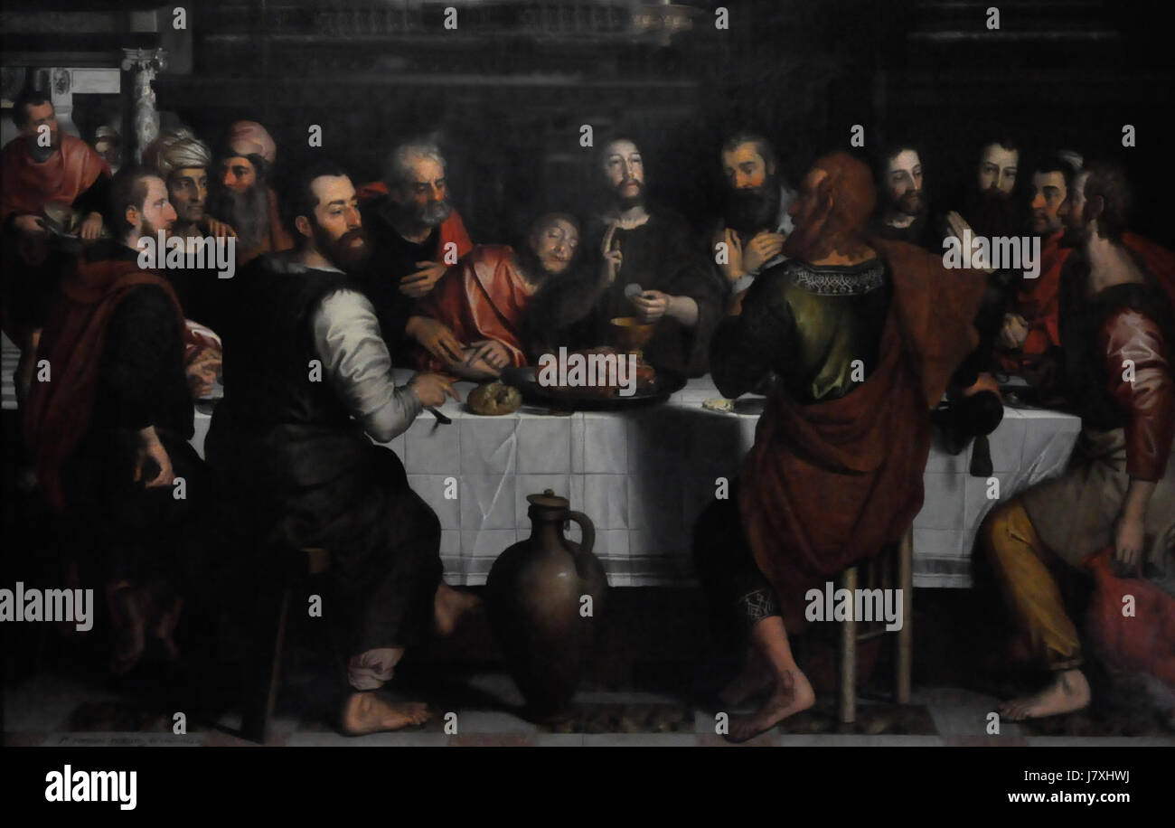 'Het Laatste Avondmaal' (la Cène), une peinture de Pieter Pourbus (1523-1584) de 1562, est une représentation de l'événement biblique du dernier repas de Jésus-Christ avec ses disciples. Cette œuvre d'art est un exemple clé de la peinture religieuse de la Renaissance, mettant en valeur les compétences de Pourbus dans la composition et le détail. Banque D'Images