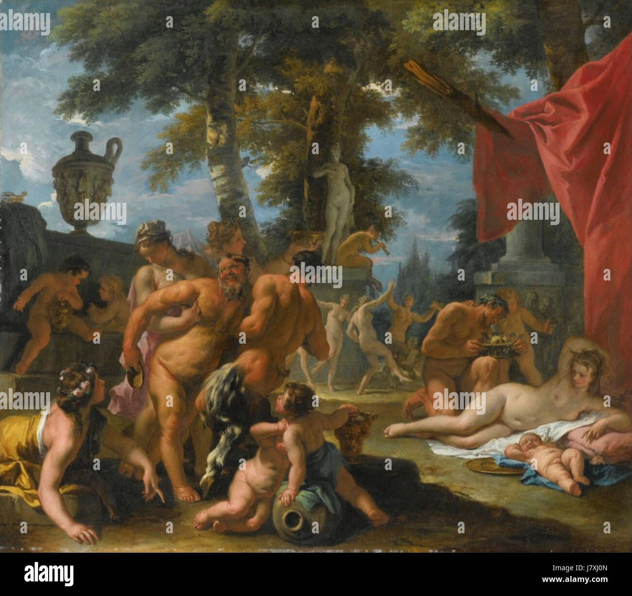 Une peinture baroque de Sebastiano Ricci, *la fête de Silène*, représentant la scène mythologique avec des couleurs riches et des détails complexes, mettant en valeur la maîtrise du style baroque par l'artiste. Banque D'Images