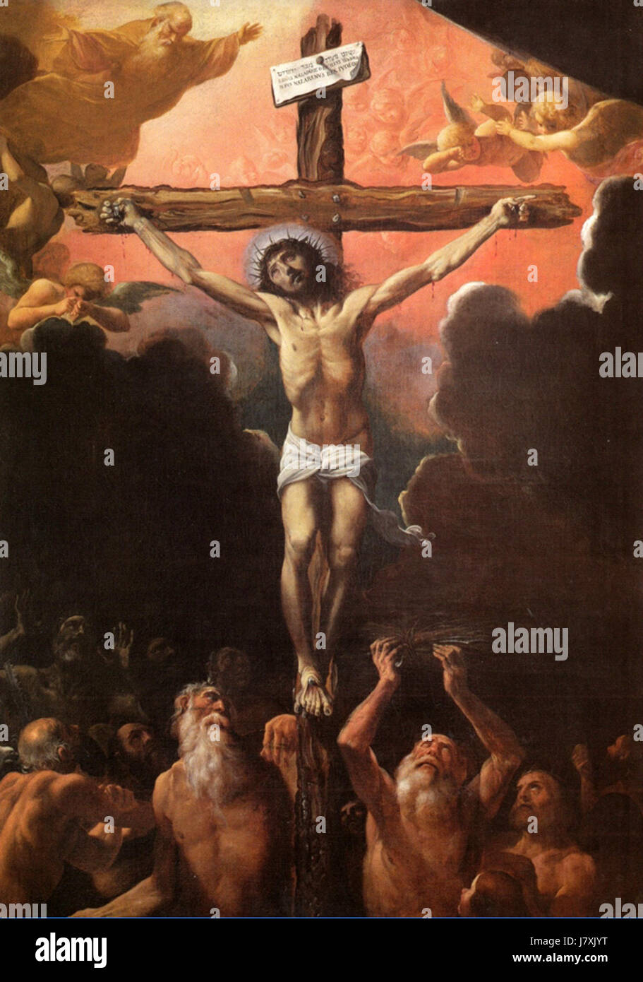 Crocifissione e i Patriarchi nel Limbo est une peinture de Ludovico Carracci représentant la crucifixion du Christ aux côtés des patriarches dans les limbes. L'œuvre intègre des thèmes religieux aux techniques artistiques de la Renaissance, mettant en valeur la maîtrise de Carracci en composition et en couleur. Banque D'Images