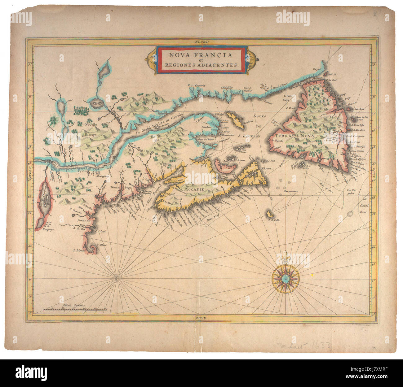 Une carte de 1630 représentant Nova Francia (Nouvelle-France) et ses régions adjacentes, illustrant les premières explorations de l'Amérique du Nord par les colons européens. Banque D'Images