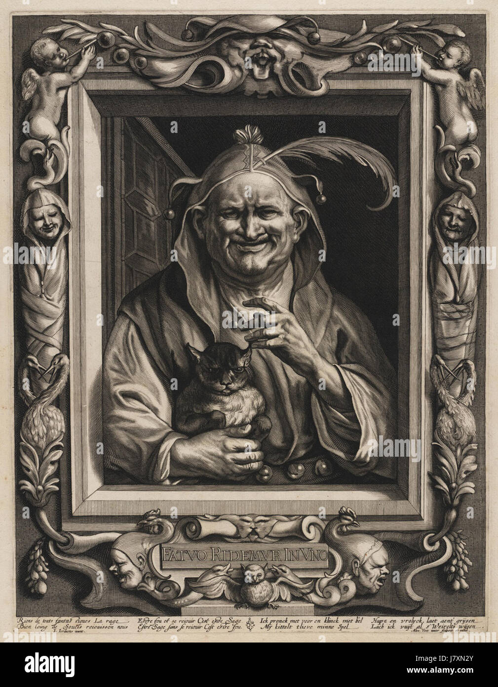 L'œuvre d'Alexander Voet IIâ€ ™ 'Old Fool with His Cat' présente la figure d'un homme âgé, représenté avec humour avec un chat, mettant en valeur son approche emblématique de la représentation des personnages au XVIIe siècle Banque D'Images