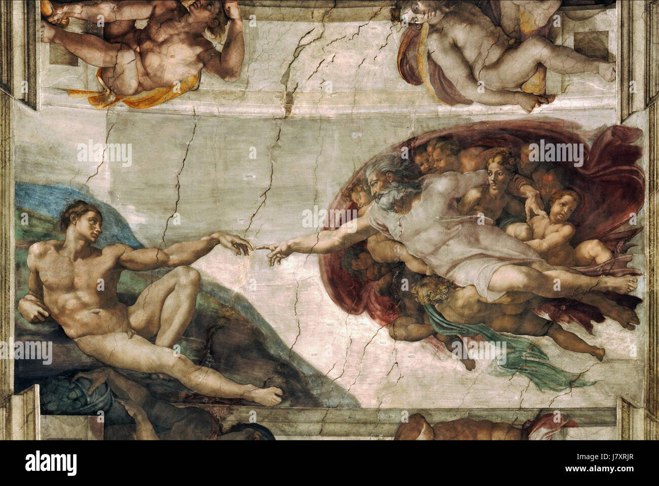 La 'création d'Adam' est une fresque de Michel-Ange, située au plafond de la chapelle Sixtine dans la Cité du Vatican. Il représente le récit biblique de la création du Livre de la Genèse, montrant que Dieu donne la vie à Adam. Banque D'Images