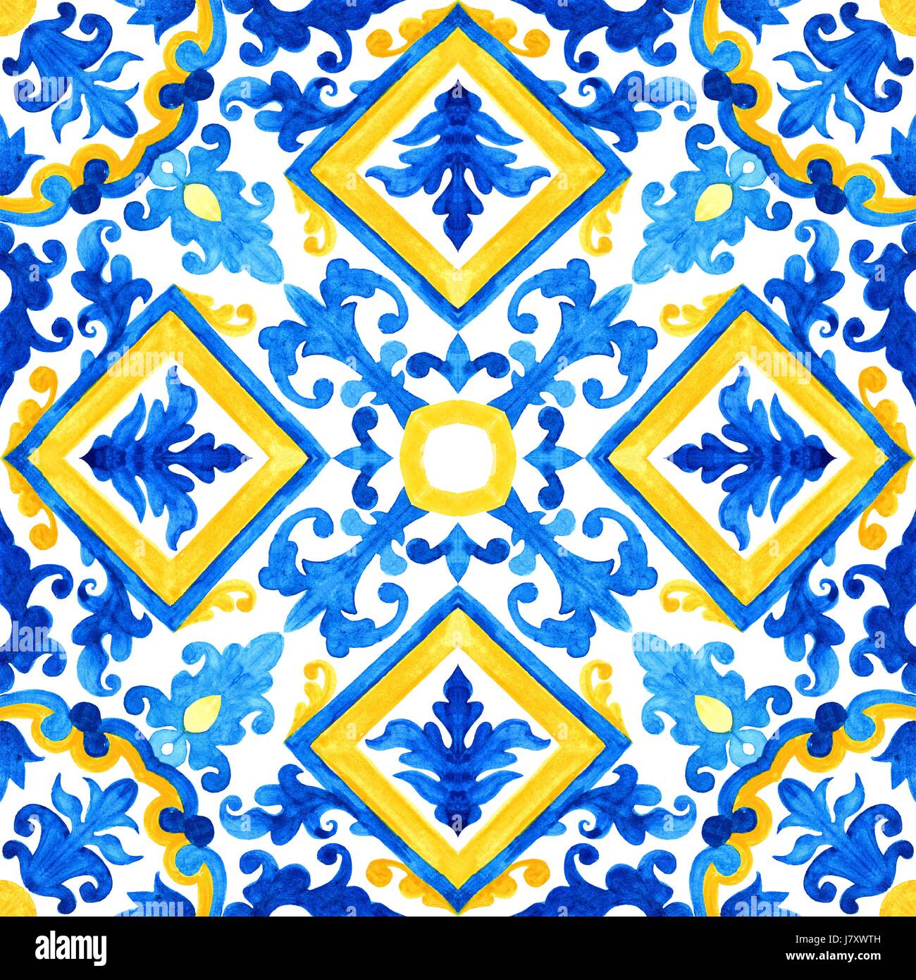 Tuiles azulejo portugais. Motif transparent aquarelle Banque D'Images
