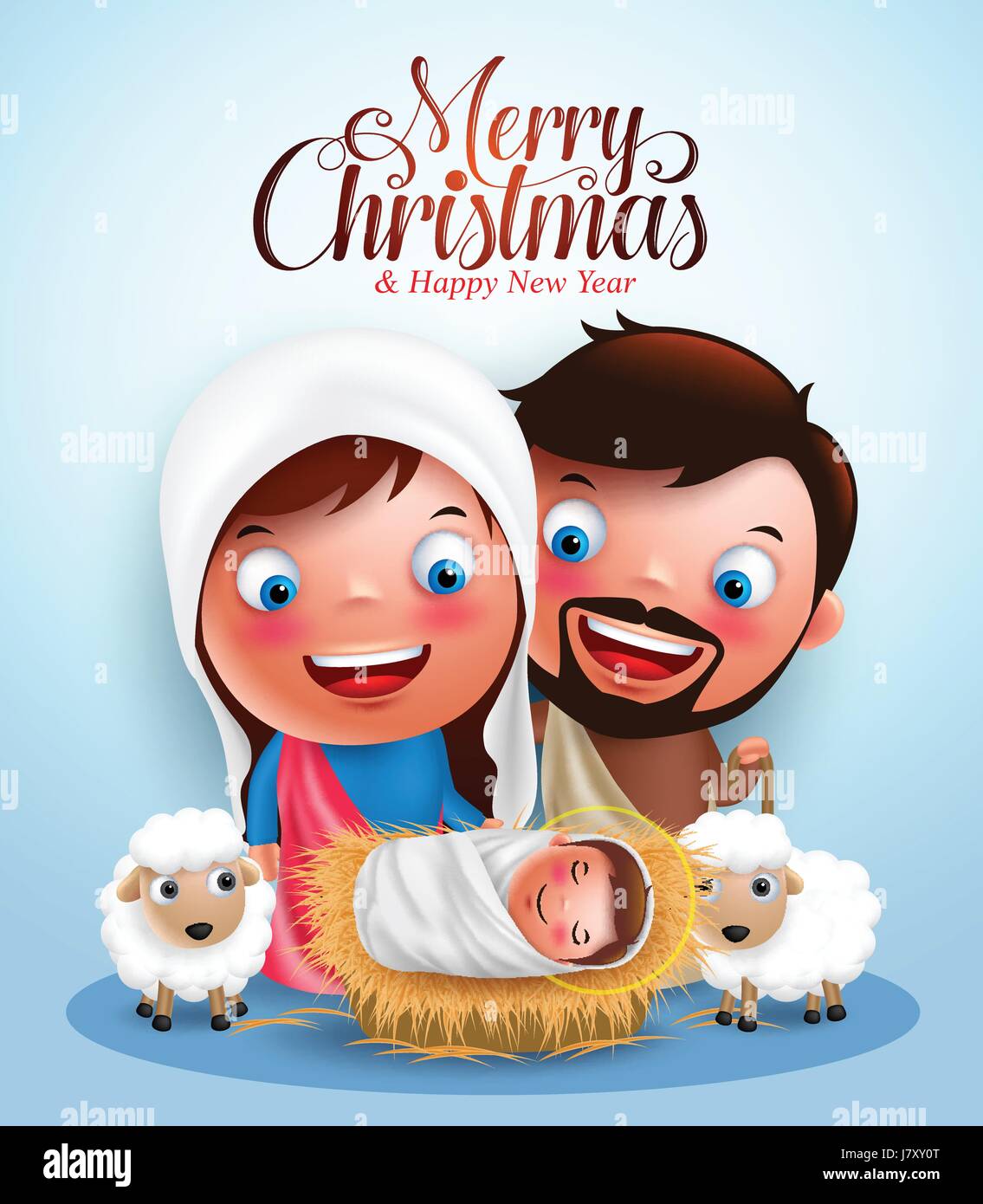 Belen avec Jésus né en crèche, Belen avec Joseph et Marie vector caractères dans la nuit de Noël avec Joyeux Noël bonjour. Vector illustration Illustration de Vecteur