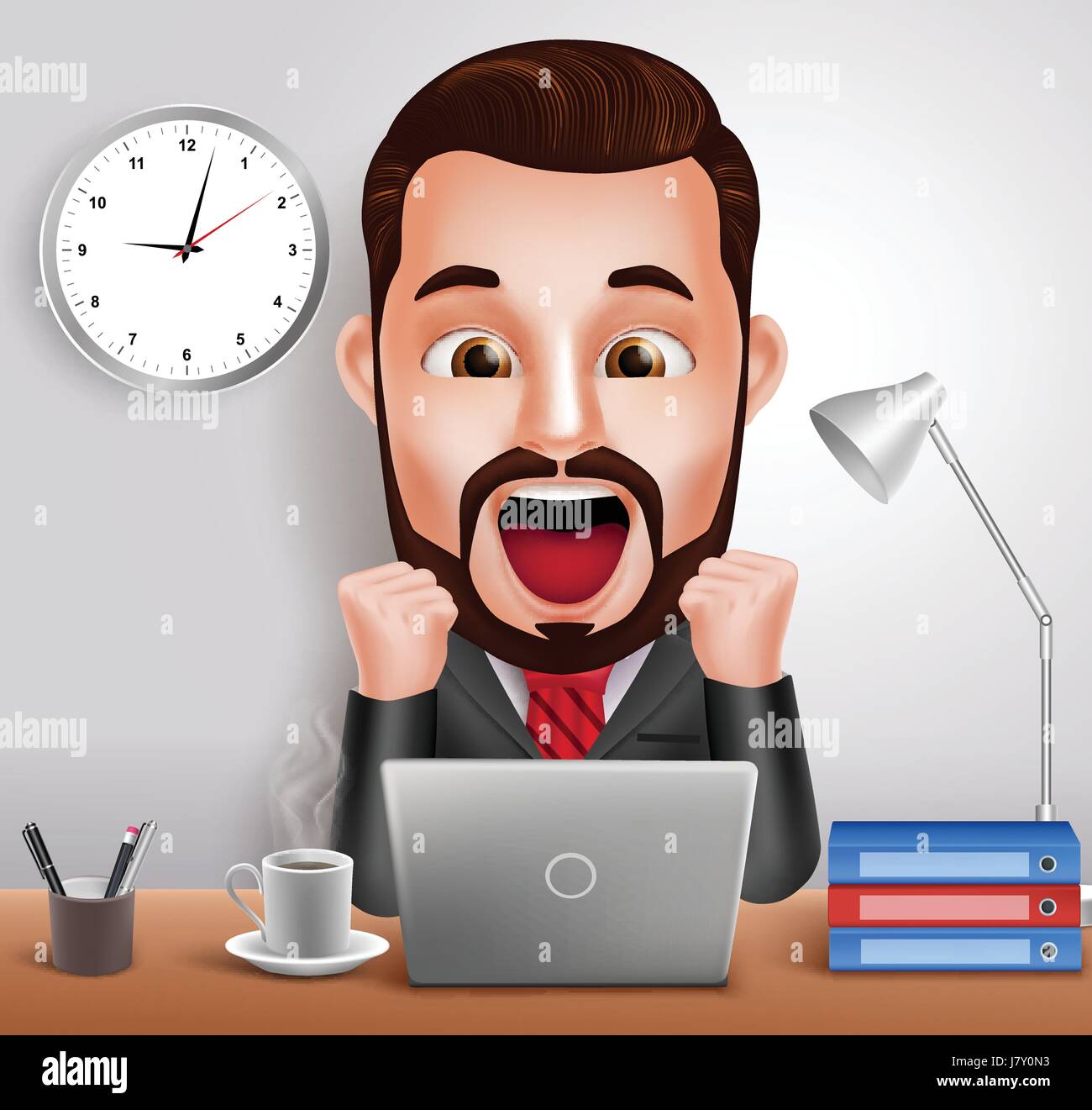 L'homme d'affaires professionnel avec caractère vectoriel choqué et surpris Expression travaillant dans un bureau avec un ordinateur portable. Vector Illustration Illustration de Vecteur