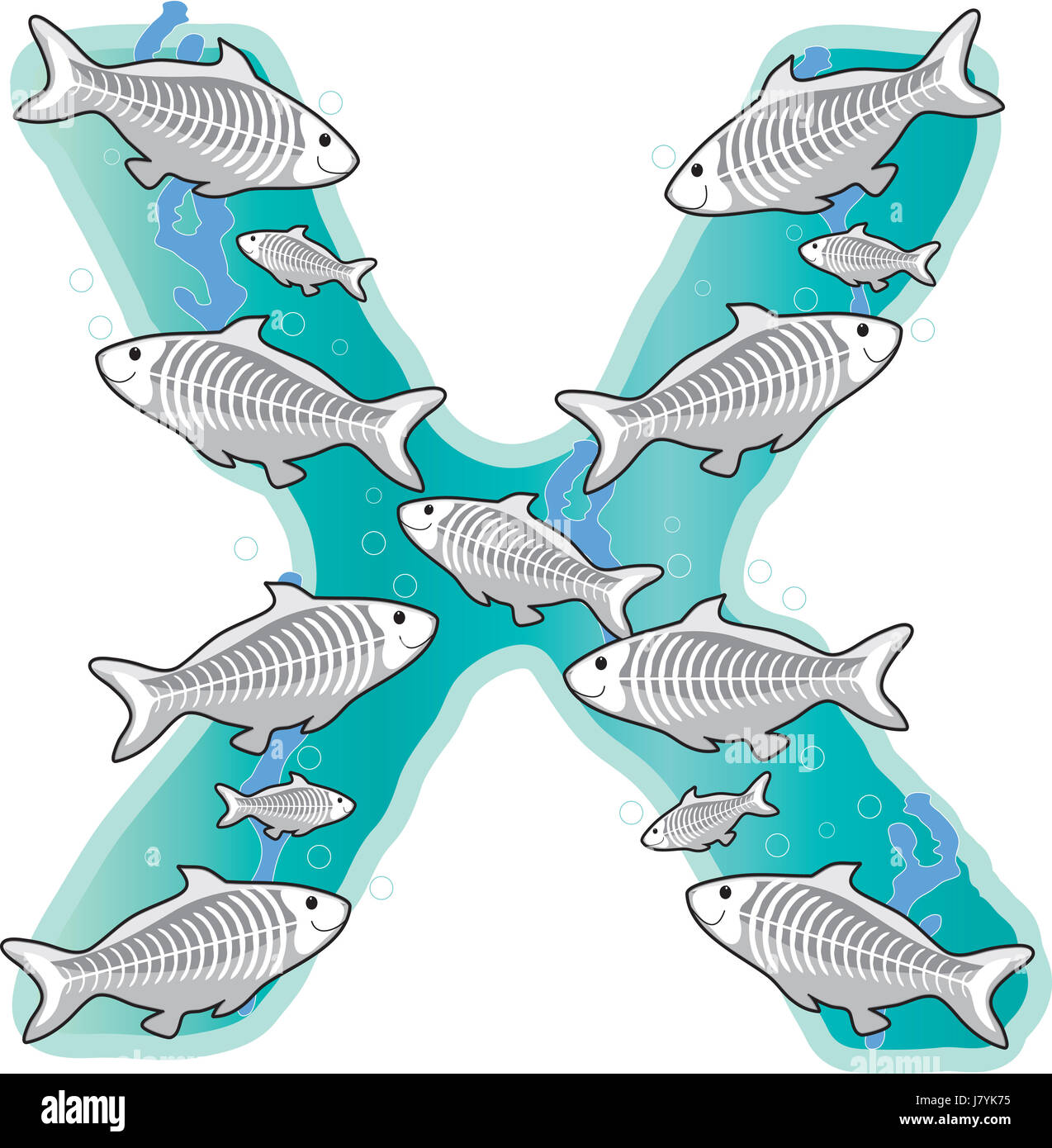 Illustration de l'école de l'essaim de poissons lettre alphabet illustration poissons animaux os Banque D'Images