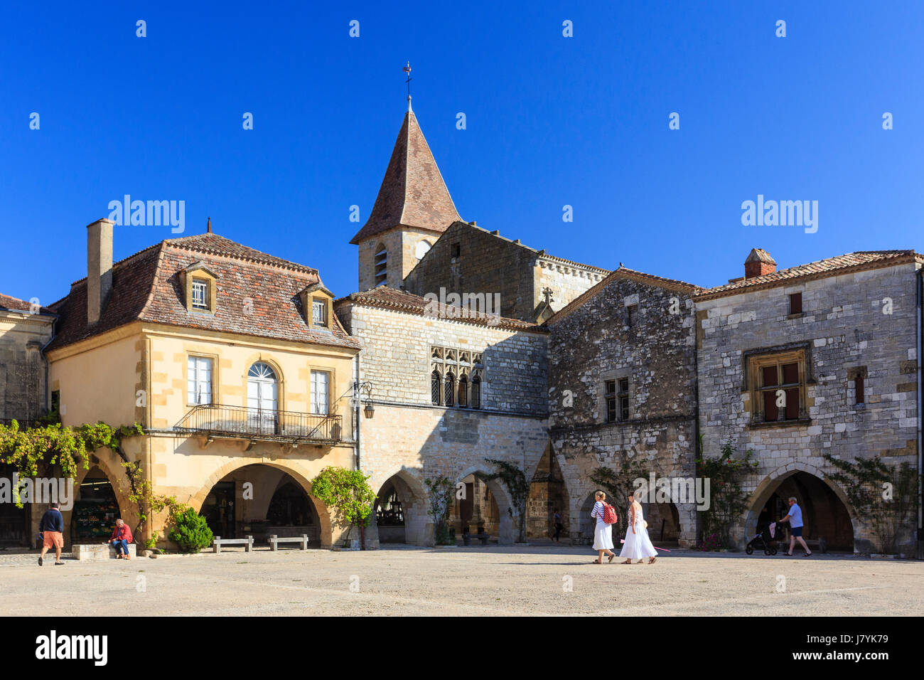France, Dordogne, Monpazier, les plus Beaux villages de France (les plus beaux villages de France), place des Cornieres Banque D'Images