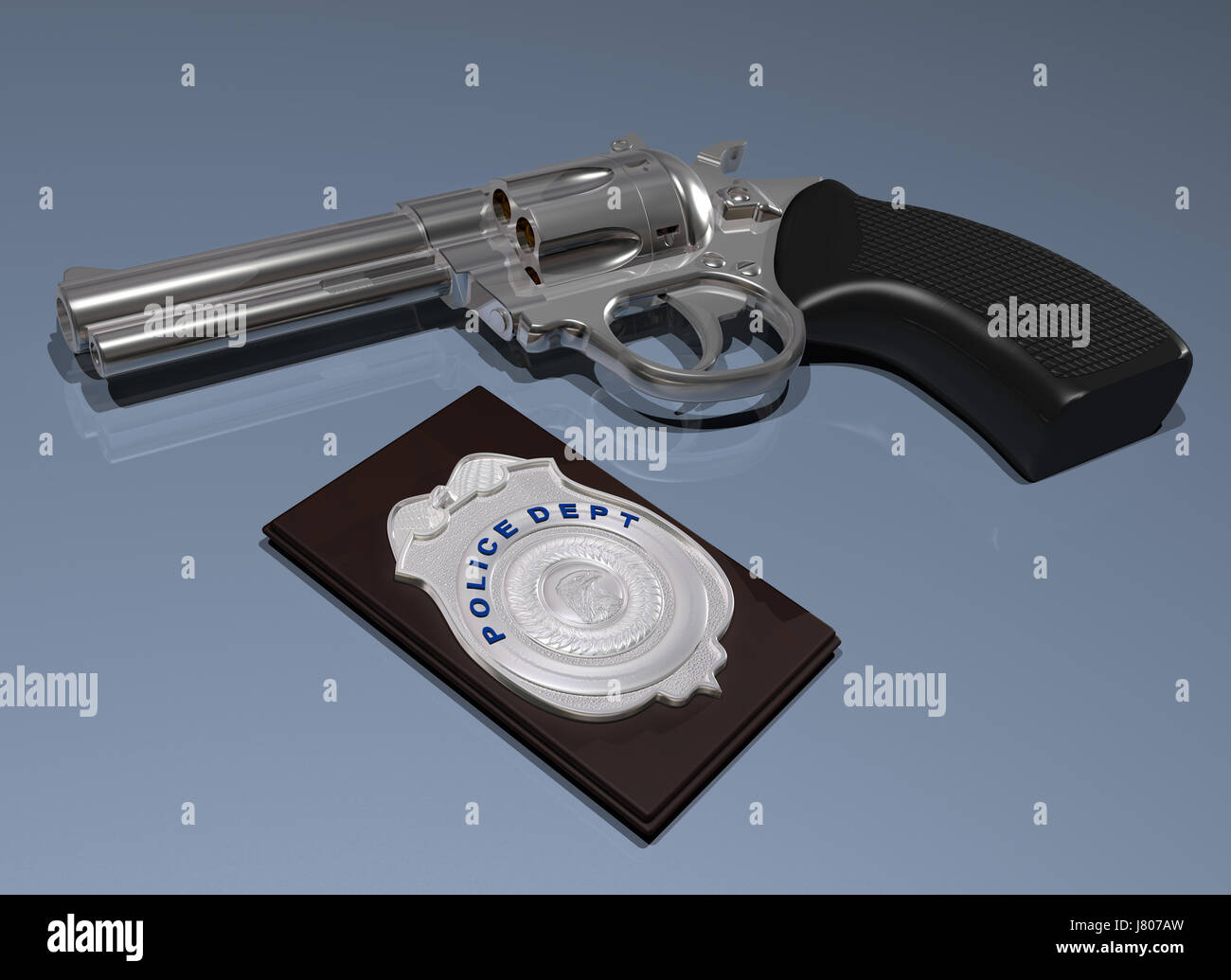 Pistolet revolver badge police arme bouclier bleu objet argent energy power Banque D'Images
