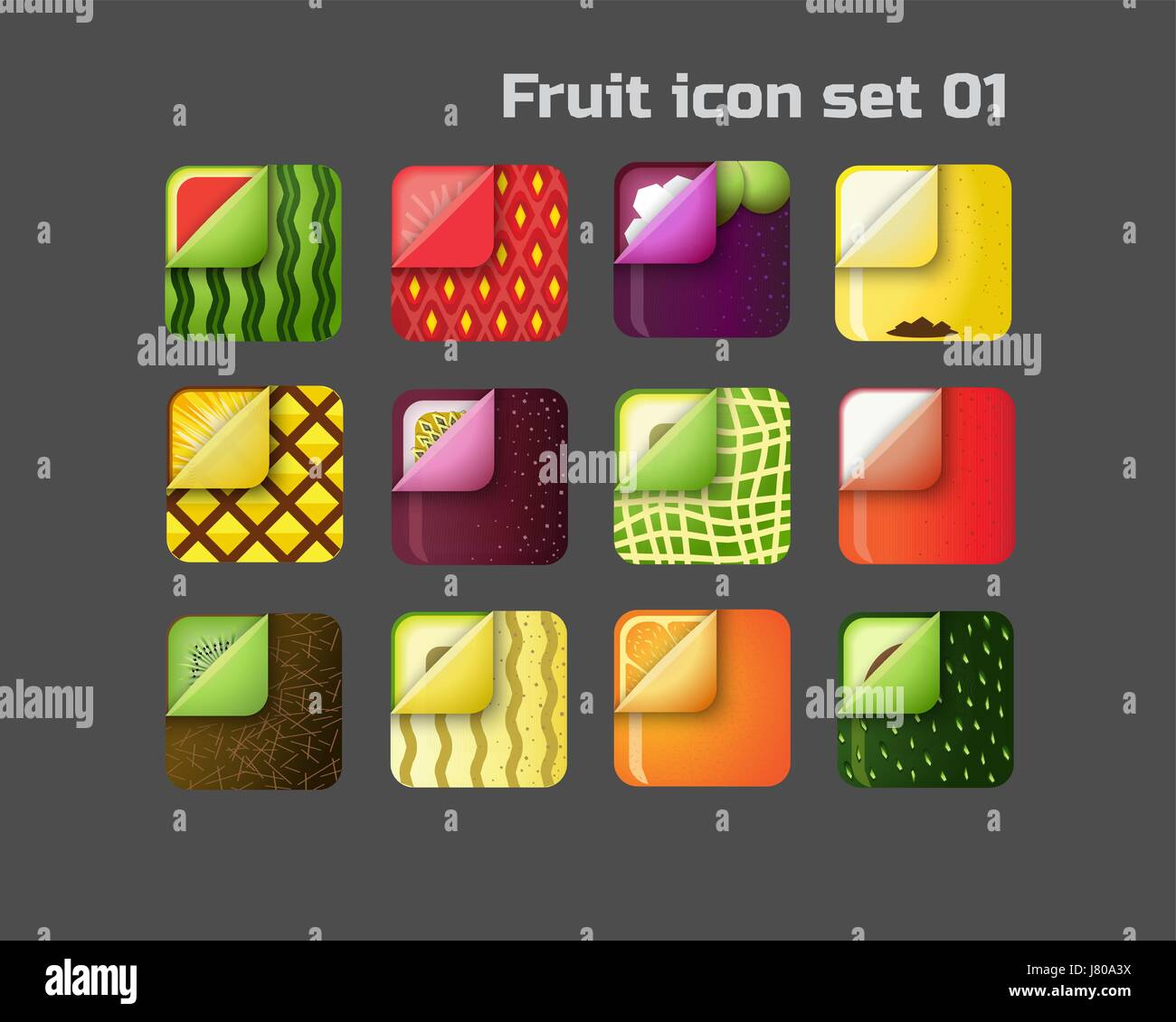 Fruits colorés carrés icon set pour web et mobile 01 Illustration de Vecteur