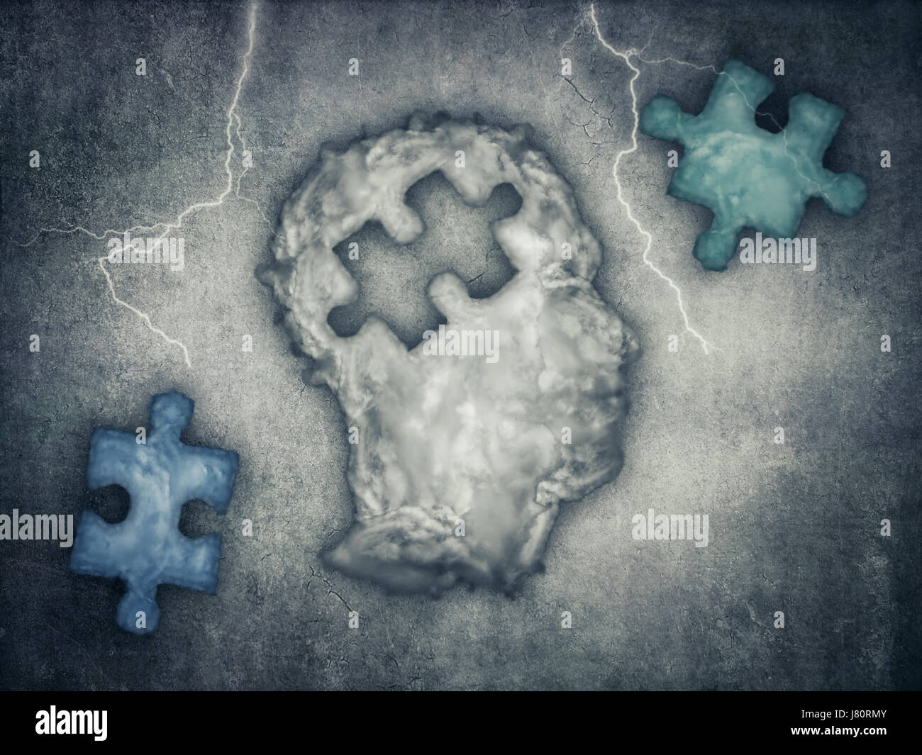 Tête en forme de puzzle avec des nuages à l'intérieur et deux pièces différentes à choisir. Symbole de santé mentale sur un fond gris. Banque D'Images