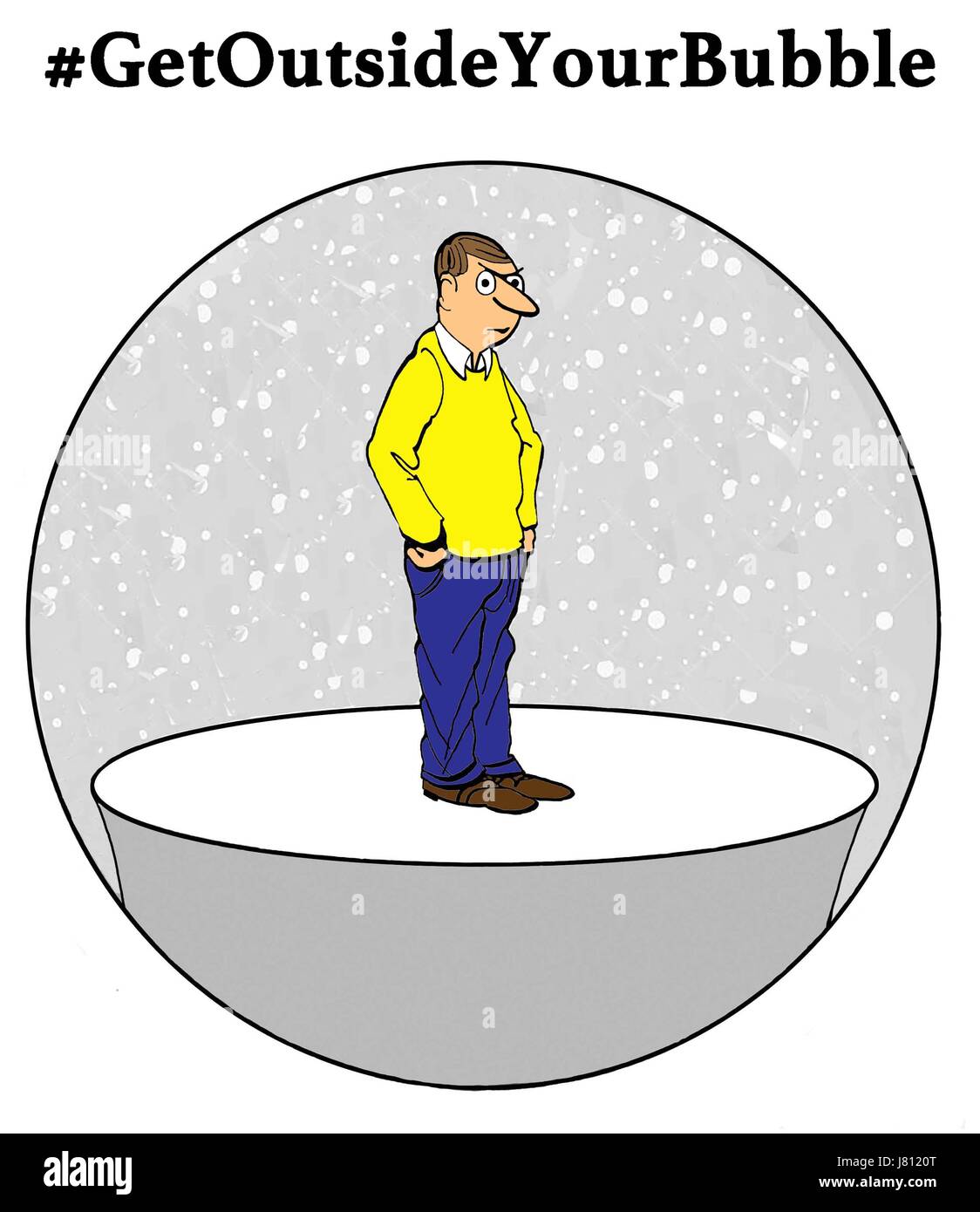 Cartoon illustration montrant un homme curmudgeonly à l'intérieur d'une bulle. Banque D'Images