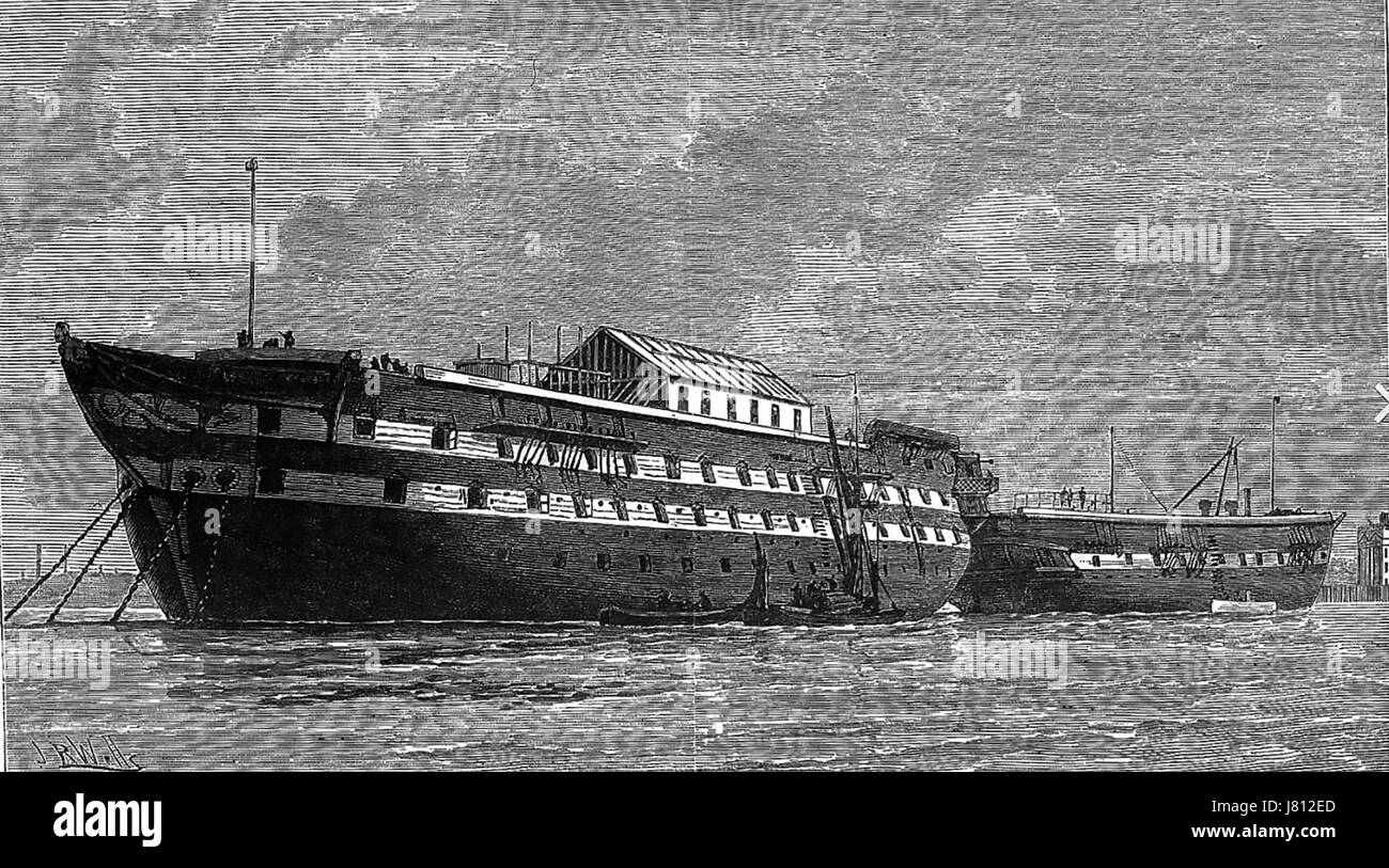 La variole HULKS anciens navires de la Marine royale HMS Atlas à gauche et le HMS Endymion à Deptford Creek, Kent, comme navires-hôpitaux appartenant à la région métropolitaine d'asiles en 1882. L'Atlas a été réservé pour les cas de variole. Banque D'Images