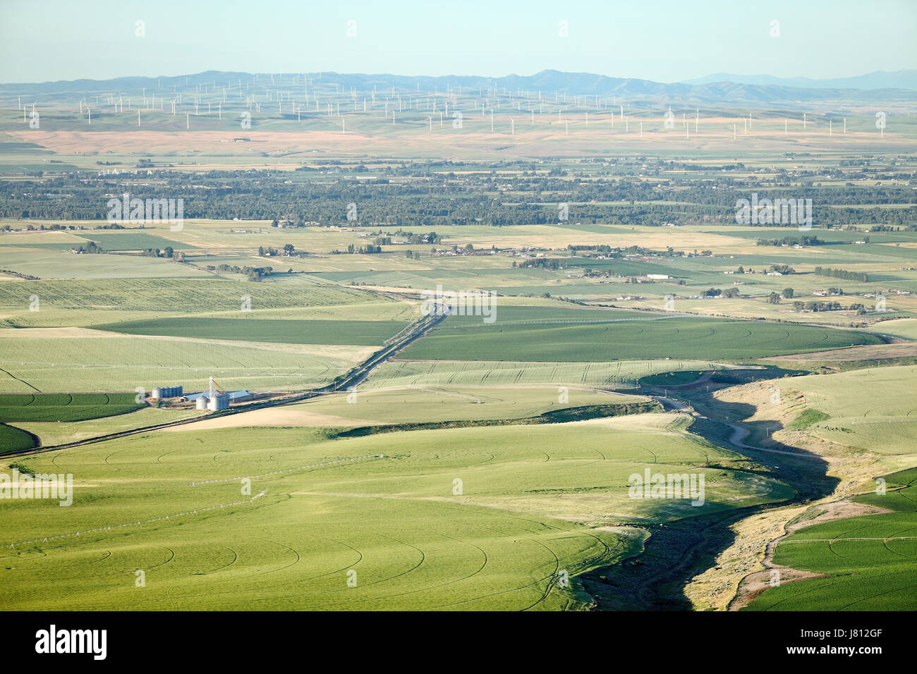 Une vue aérienne des terres agricoles et de pivot d'arrosage arroseurs les champs. Banque D'Images