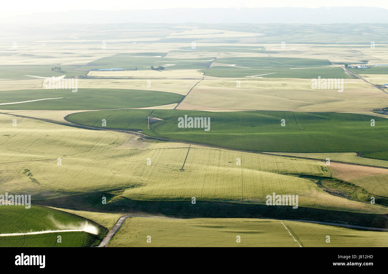 Une vue aérienne des terres agricoles et de pivot d'arrosage arroseurs les champs. Banque D'Images