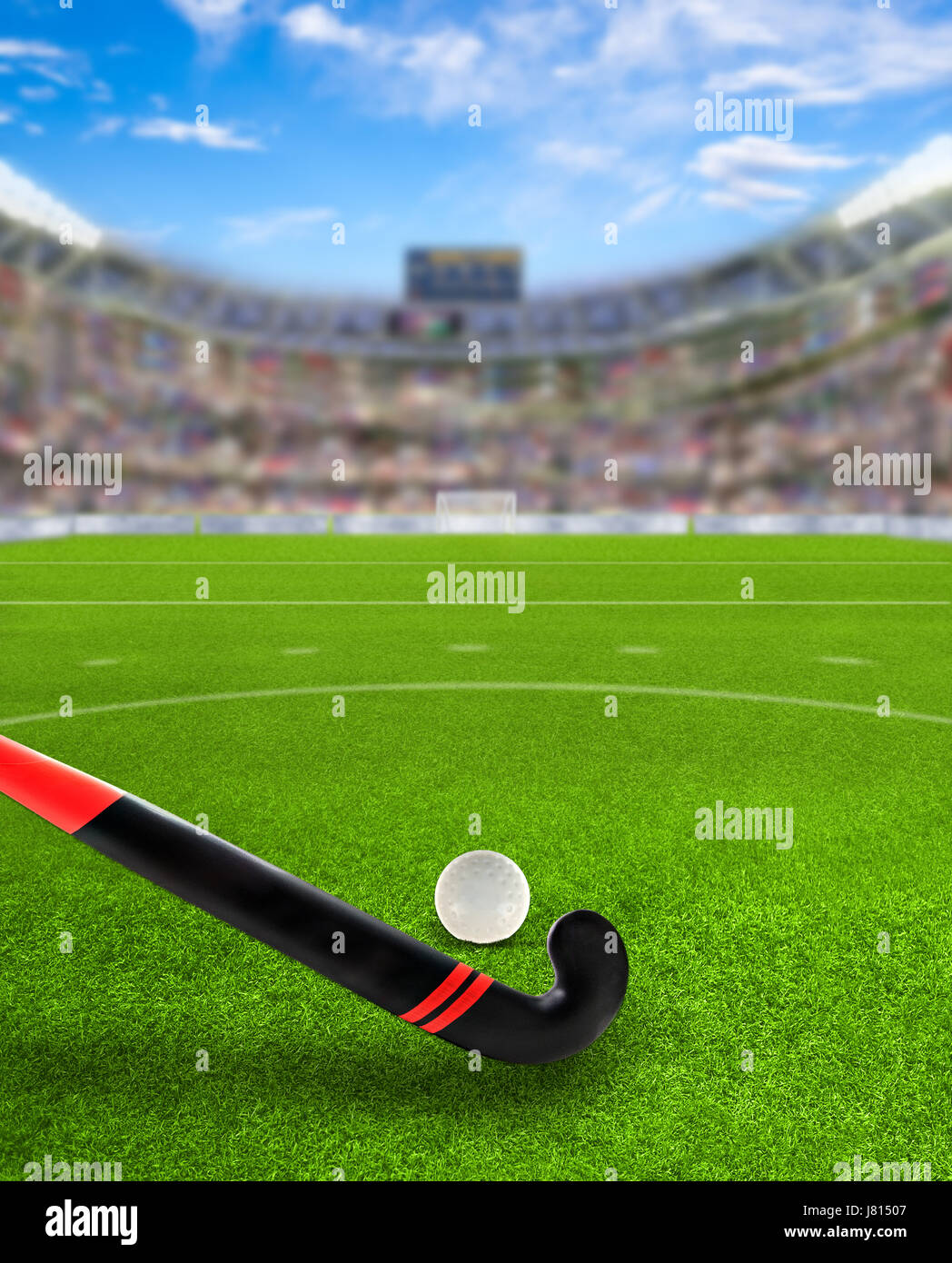 Le rendu 3D de l'arène sportive pleine de fans dans les tribunes avec le hockey stick and ball sur terrain. L'accent sur le premier plan et l'espace de copie. Banque D'Images